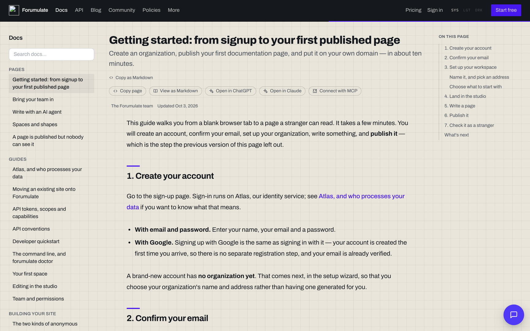 A published documentation site with its navigation rail, built on Forumulate.