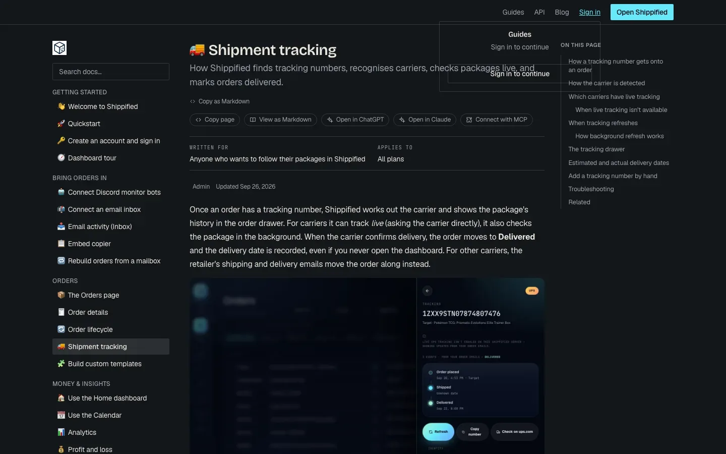 The docs site with the Sign in panel open, showing Sign in to continue and Open Shippified