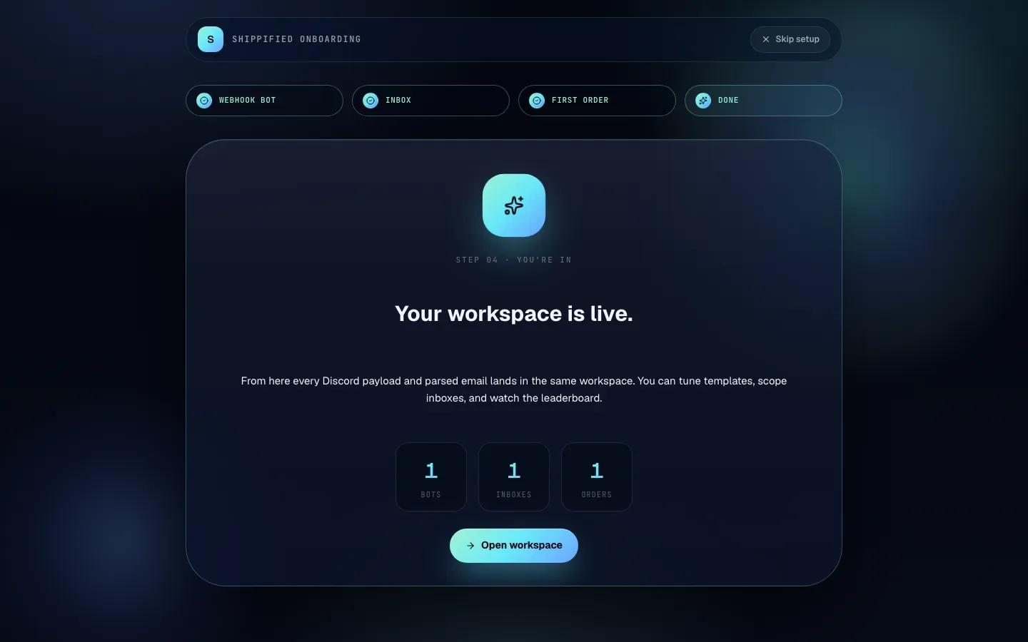The finish screen with counts of bots, inboxes and orders and the Open workspace button