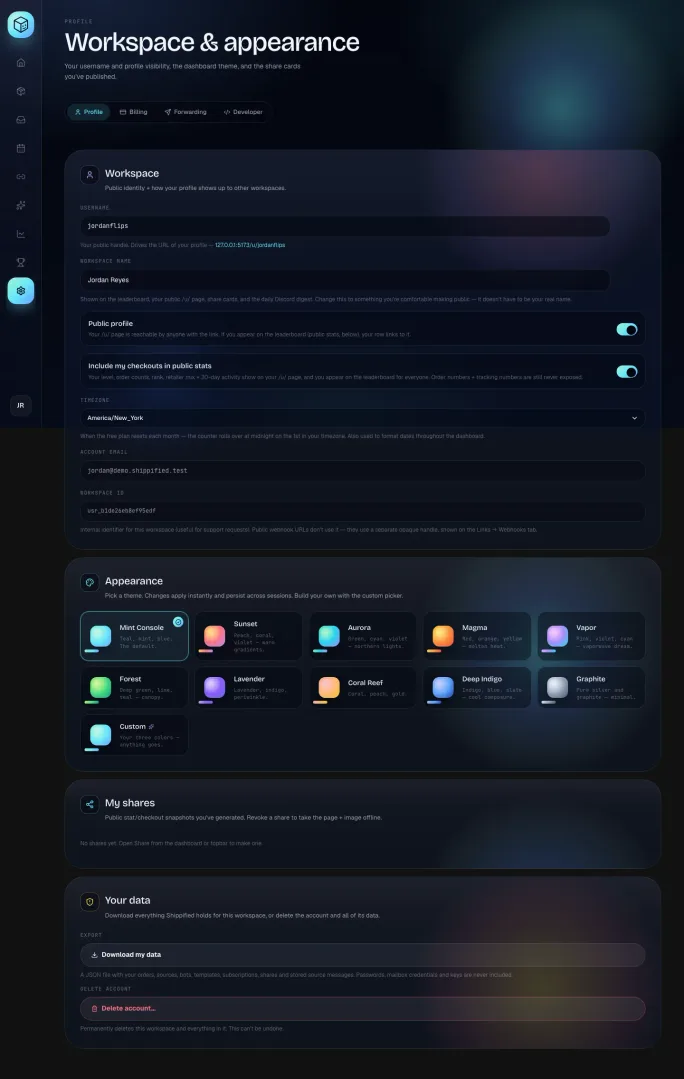 The whole Profile tab: Workspace, Appearance with eleven theme cards, My shares, and Your data