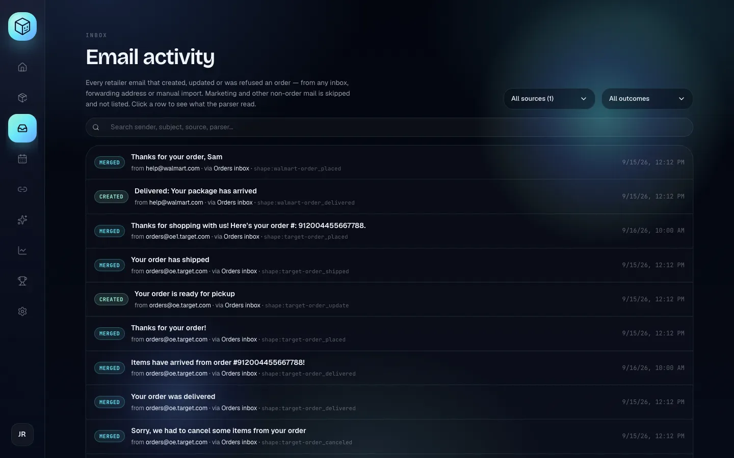 The Email activity page listing order emails, each with a Created or Merged badge, subject, sender, source, parser and date