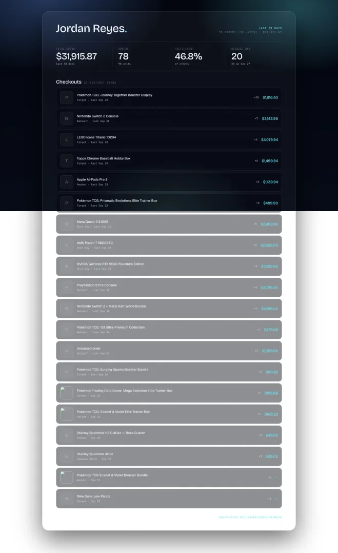 A full share card page including every checkout row and the footer link