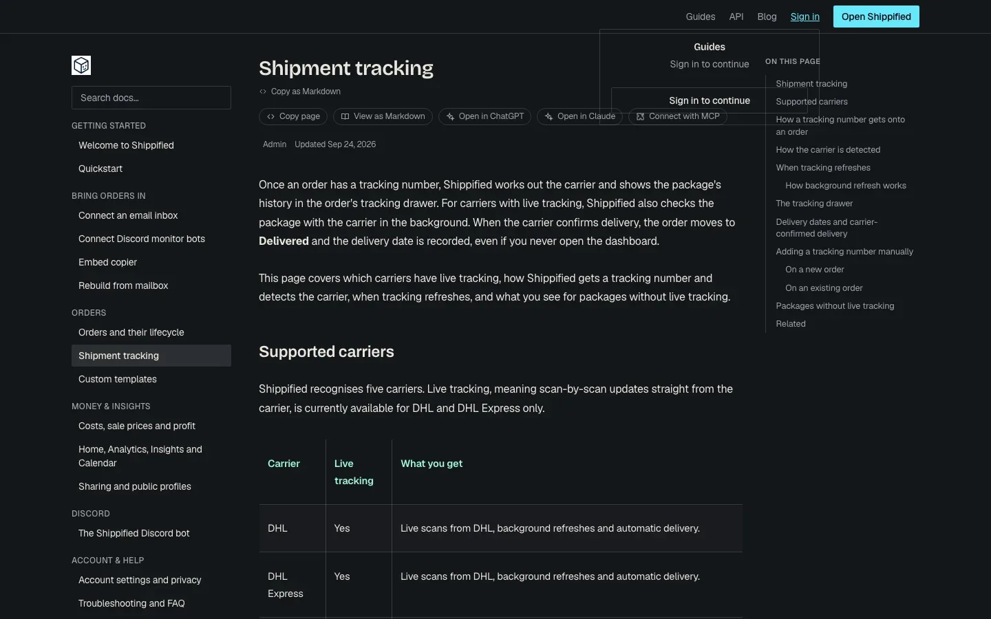 The docs site with the Sign in panel open, showing Sign in to continue and Open Shippified