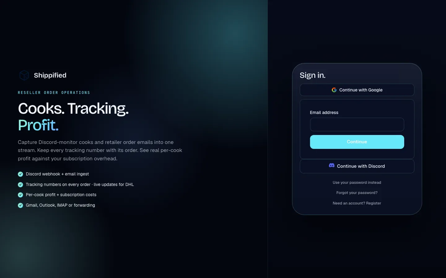 The Shippified sign-in page with Continue with Google, an Email address field, Continue with Discord and Use your password instead
