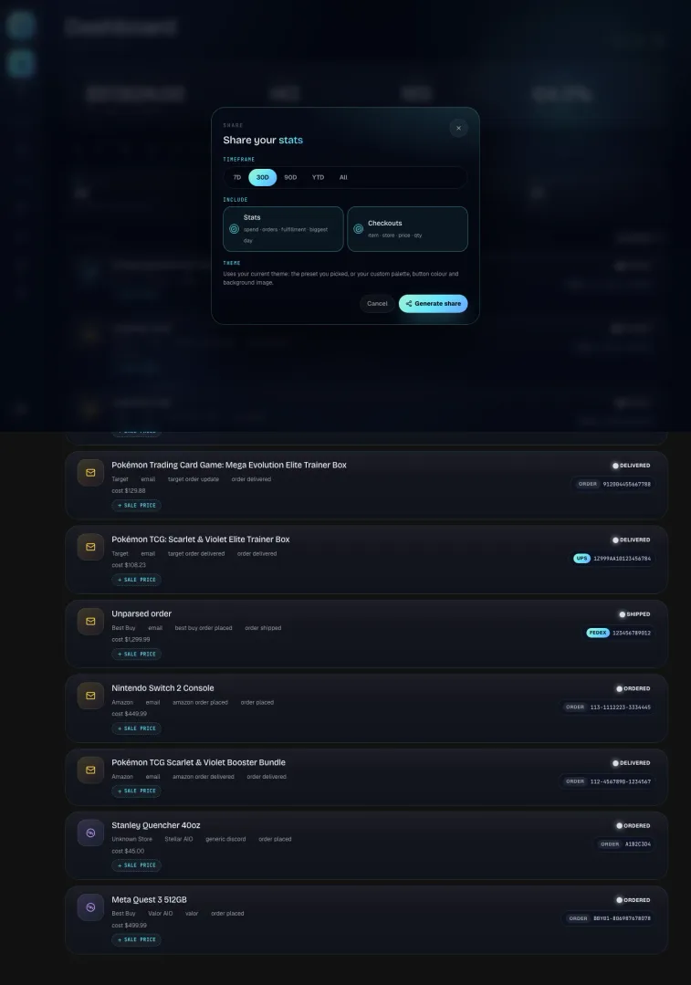 The Share your stats dialog open over the Home dashboard