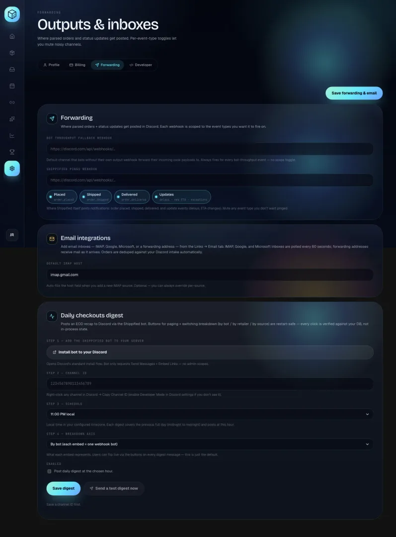 Settings, Forwarding tab: the Forwarding card with two webhook fields and event chips, the Email integrations card, and the Daily checkouts digest card