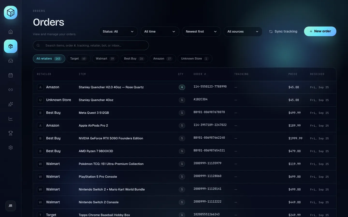 The Orders page with filter menus, search box, retailer tabs and the order table