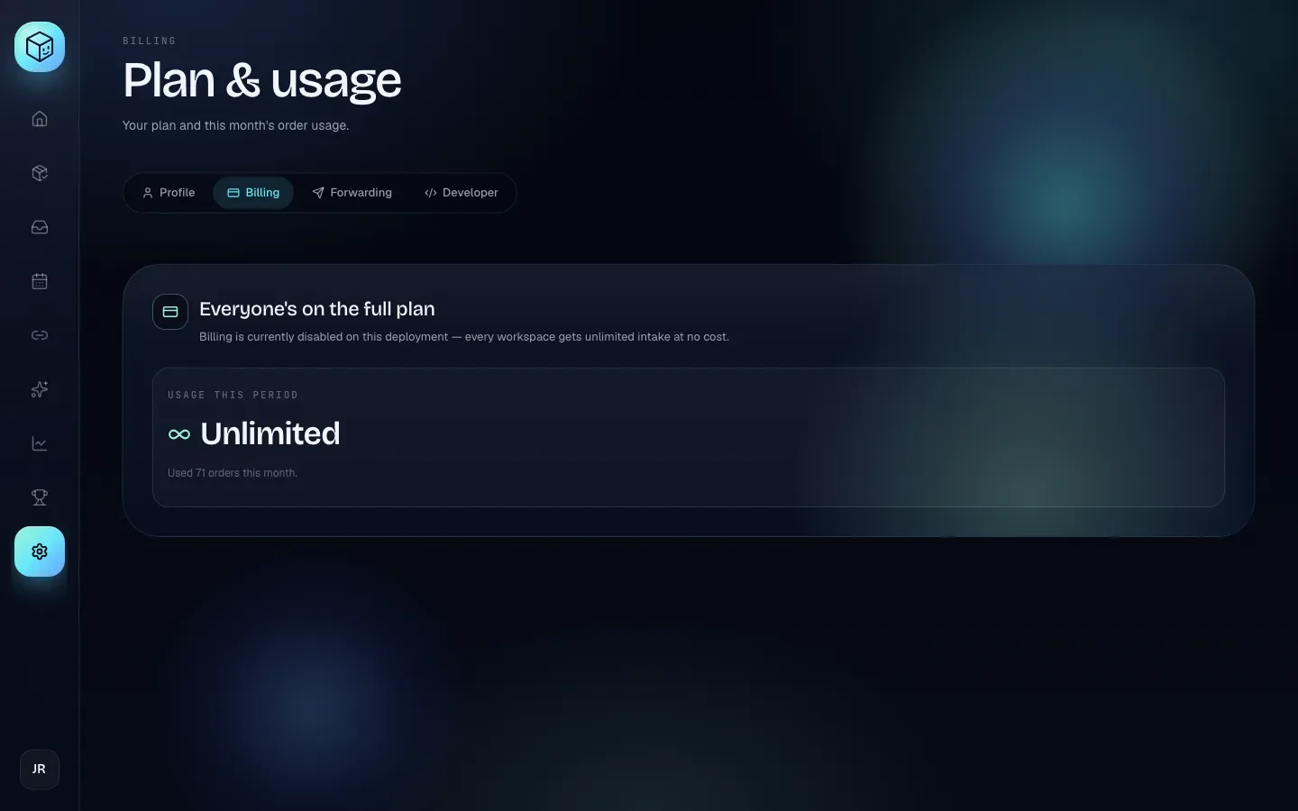 Settings Billing tab showing Everyone's on the full plan with unlimited usage