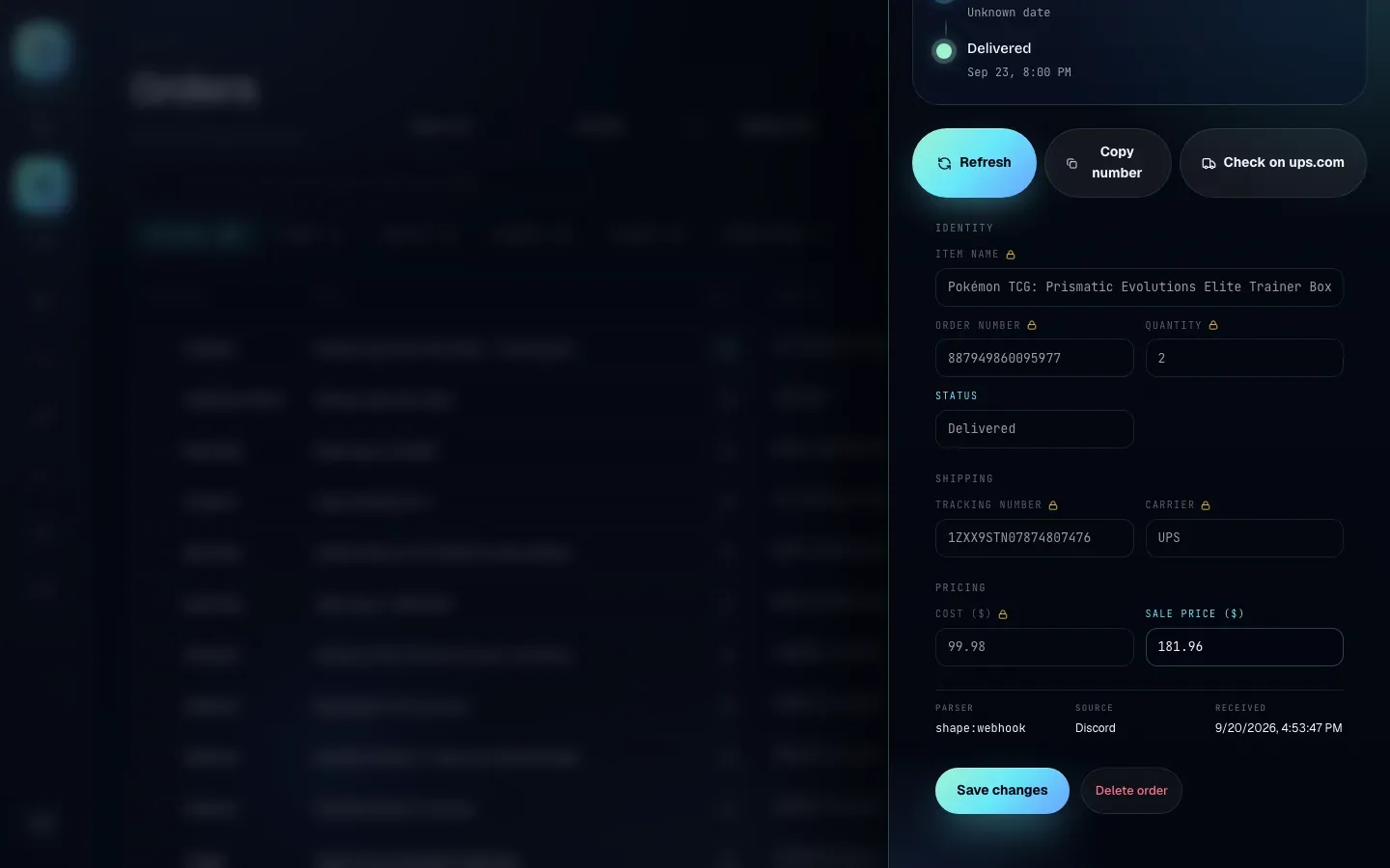 The order editor for a delivered order, with lock icons on filled fields