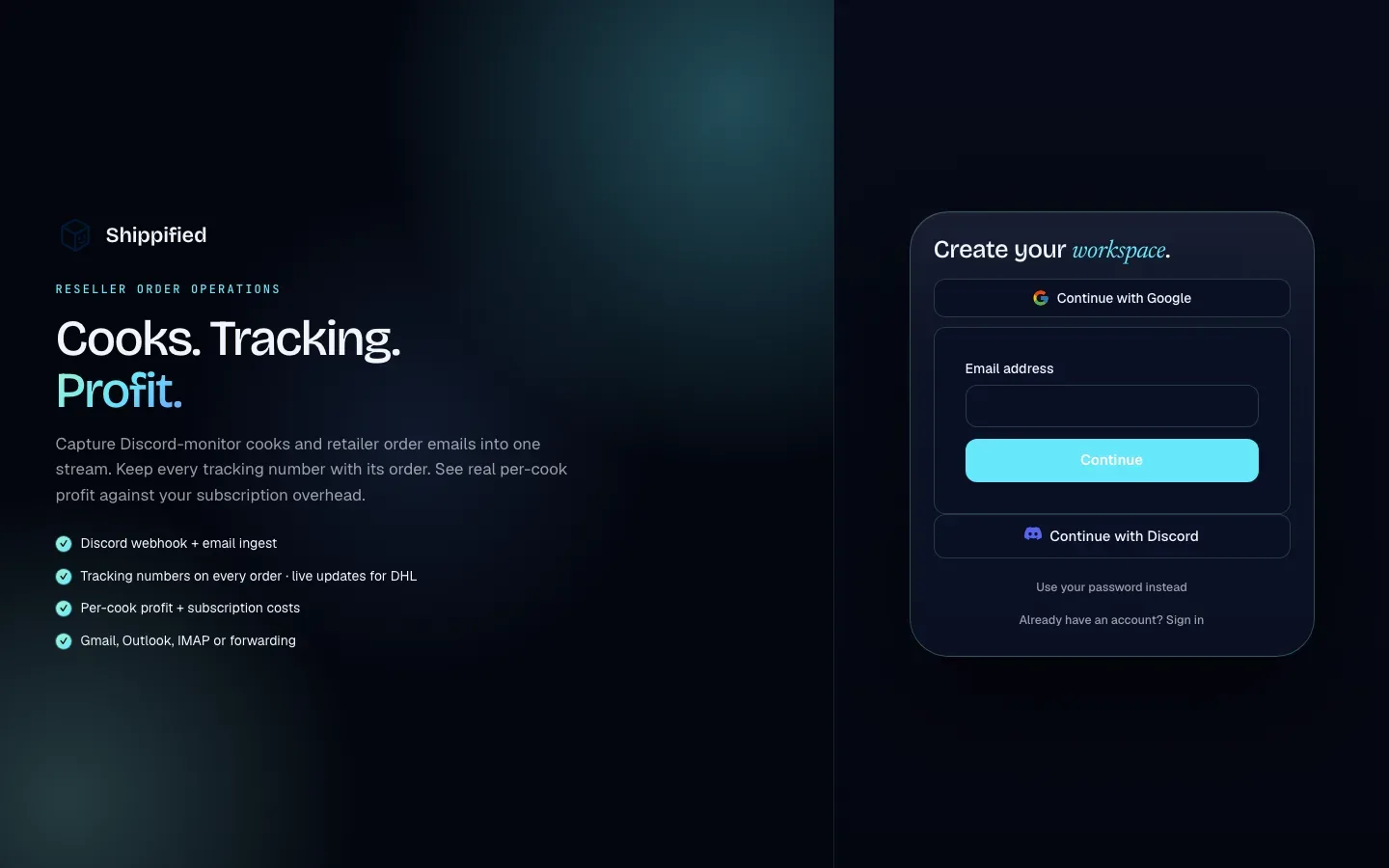 The sign-up version of the page, headed Create your workspace