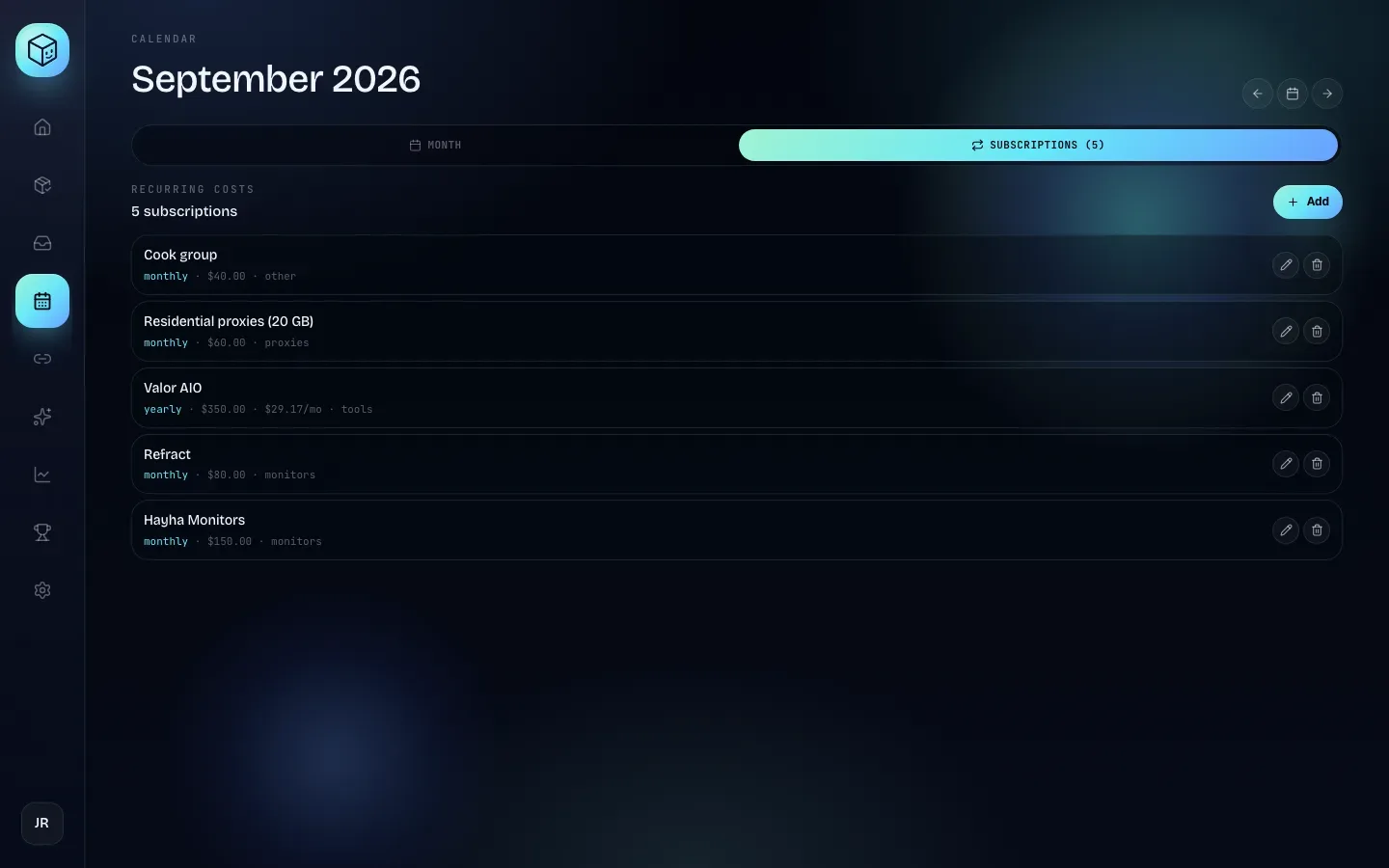 The Subscriptions tab listing five recurring costs with their frequency, cost and category