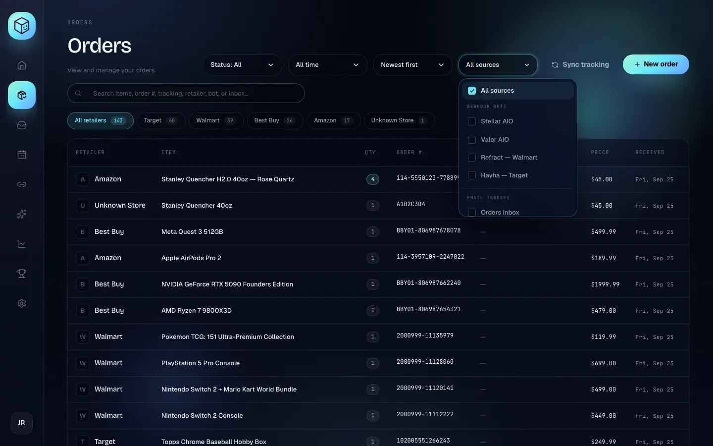 The source menu open, listing webhook bots and email inboxes with checkboxes
