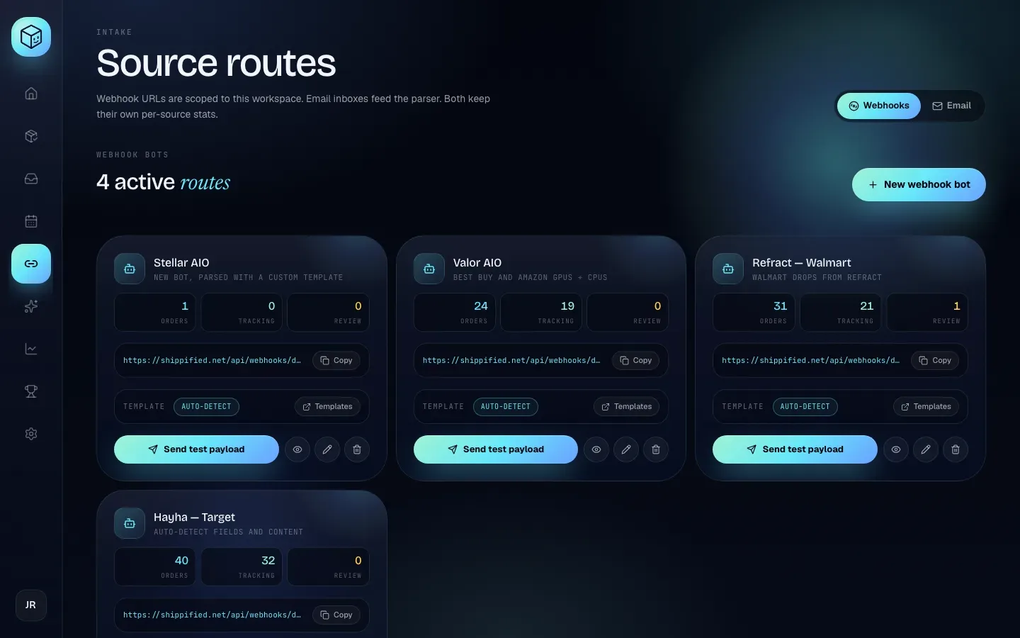 The Links page listing four webhook bots, each with its intake URL and a Copy button