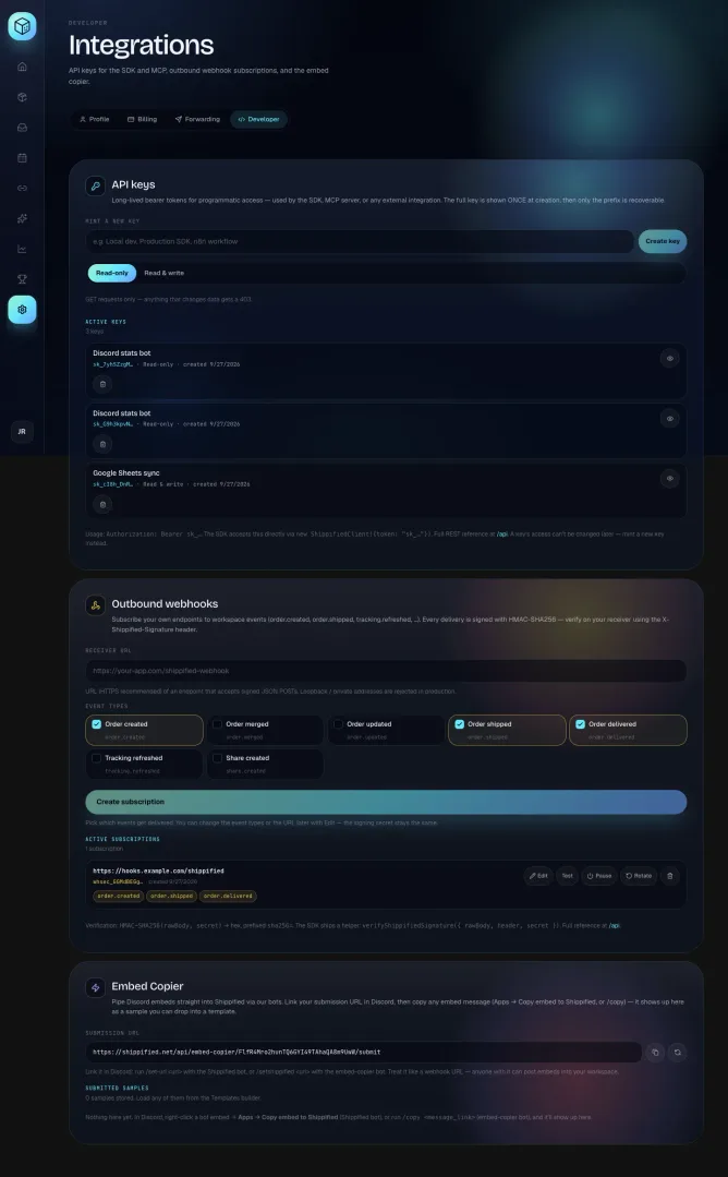 Settings, Developer tab, with the Embed Copier section at the bottom showing the Submission URL and an empty Submitted samples list