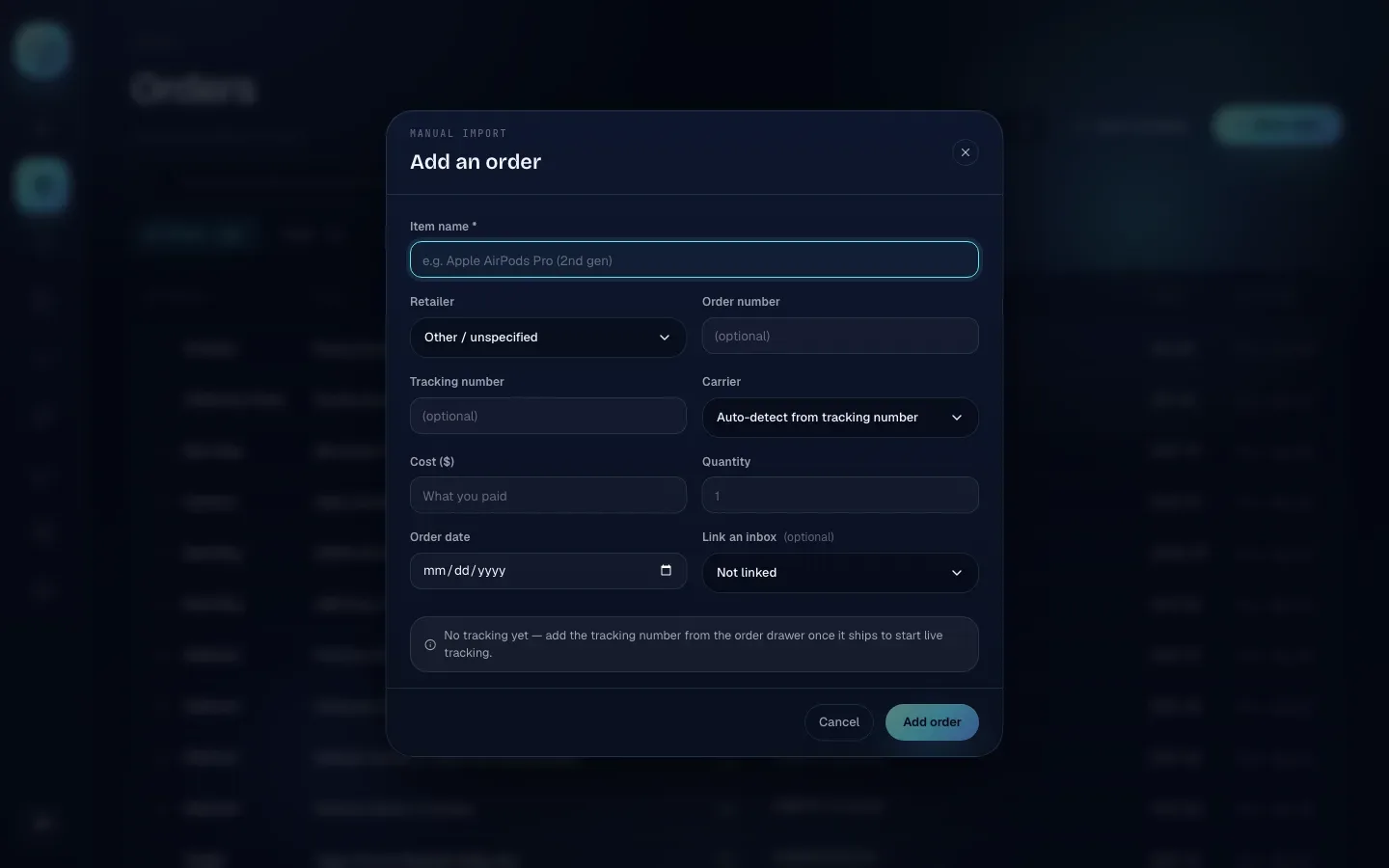 The Add an order form with its fields and the hint underneath