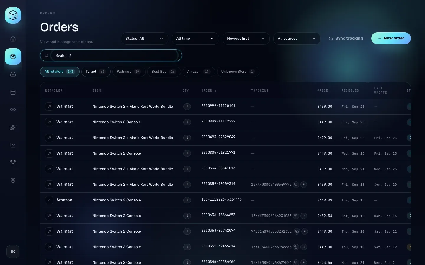 Searching for "Switch 2" narrows the list to matching orders