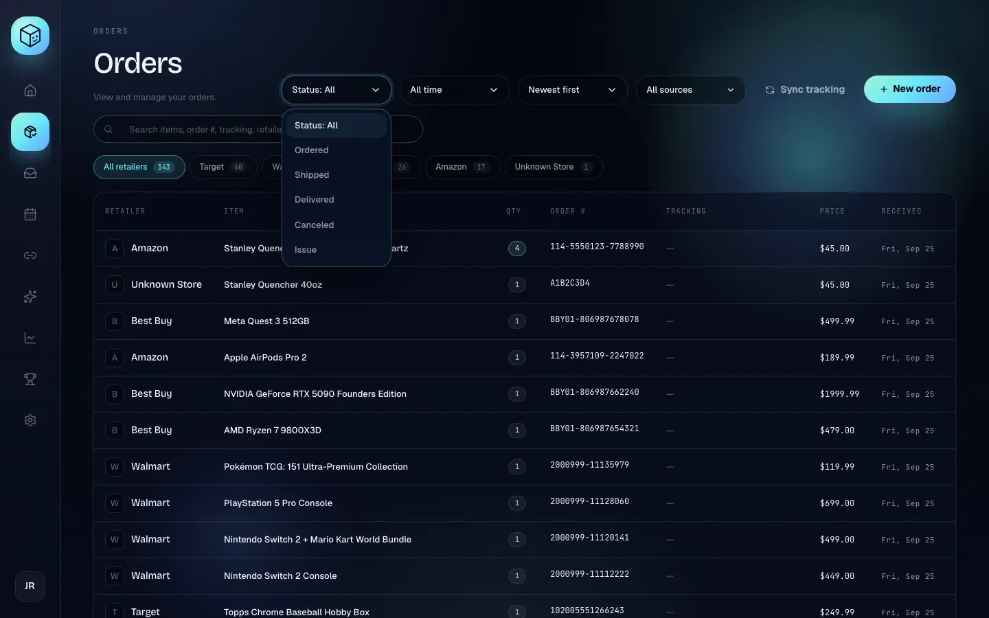 The Status menu open with its six options