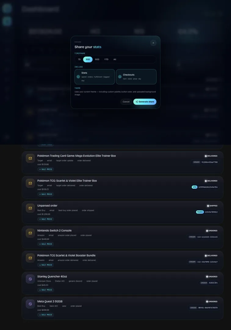 The Share your stats dialog open over the Home dashboard