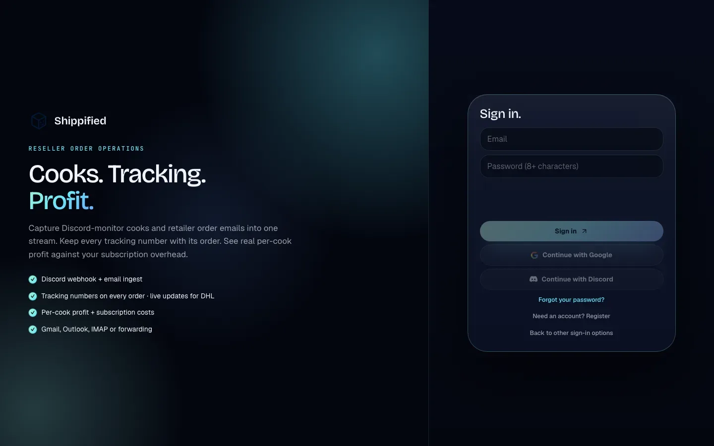 The password form in sign-in mode with Email and Password fields, the Sign in, Continue with Google and Continue with Discord buttons, and the Forgot your password?, Need an account? Register and Back to other sign-in options links