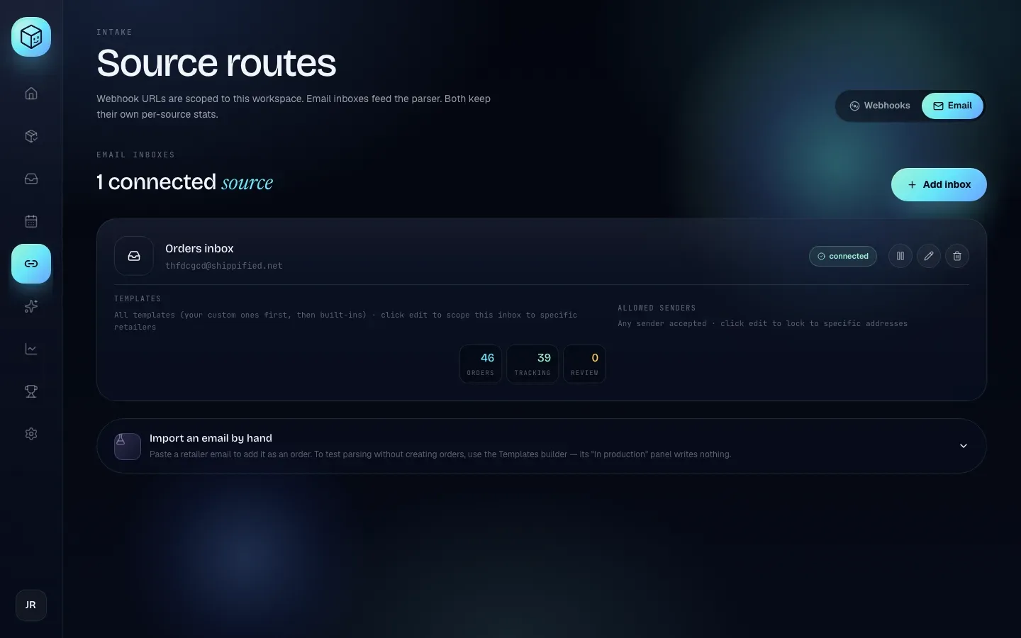 The Email tab of Links with one connected forwarding source, its Orders, Tracking and Review counts, and the Import an email by hand panel below