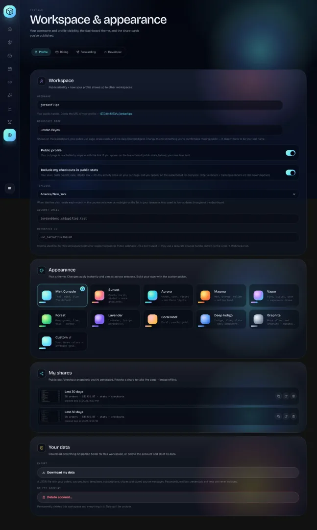 The Workspace section of Settings → Profile with Username, Workspace name, Public profile and Include my checkouts in public stats