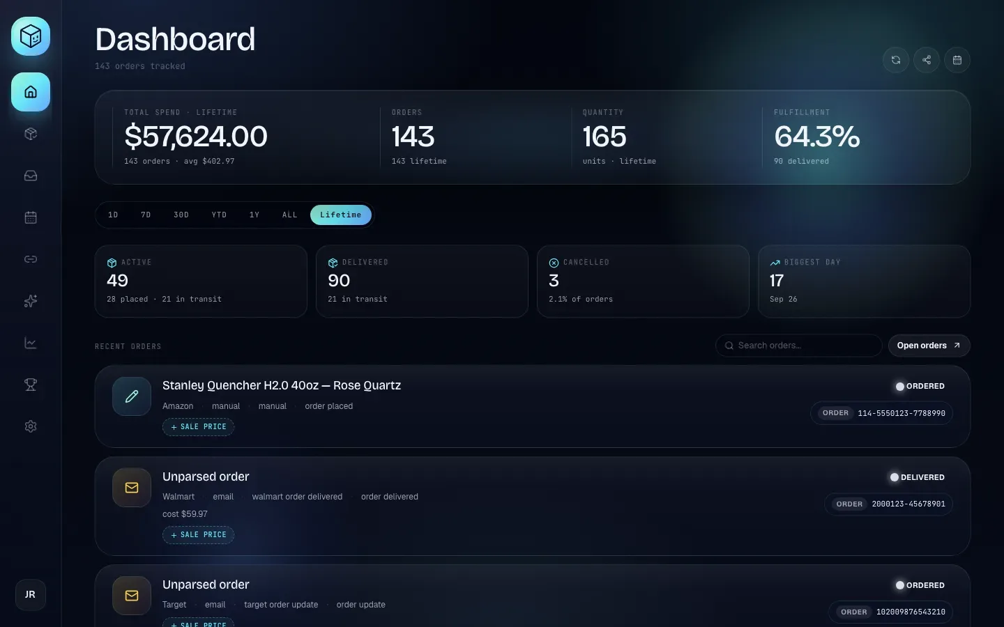 The Home dashboard with total spend, orders, quantity and fulfillment, a date range selector and recent orders