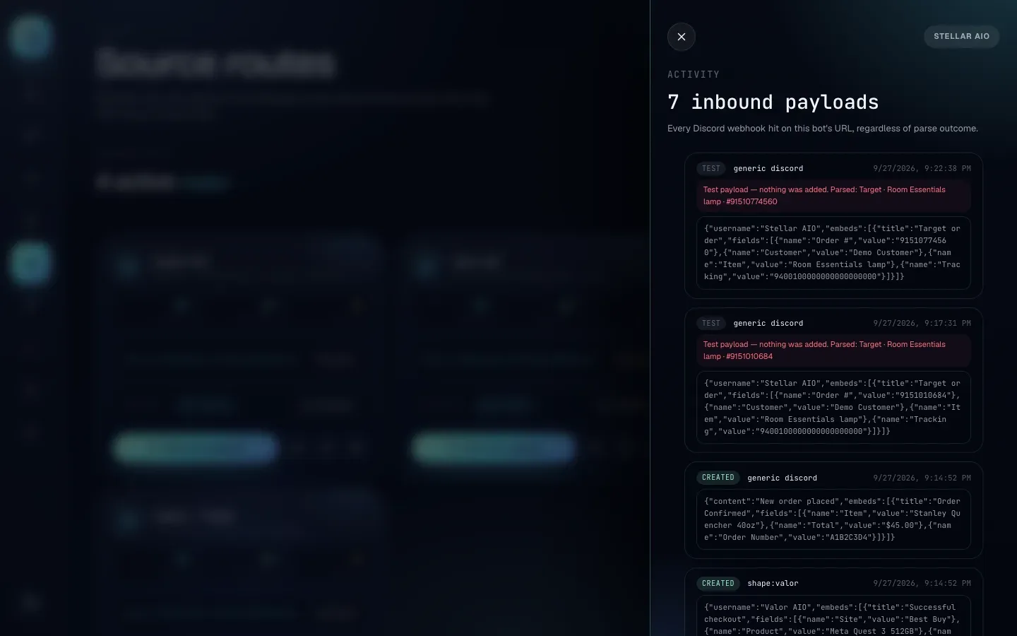 The activity panel for Stellar AIO over the dimmed Links page, showing 1 inbound payload with a created badge, the generic discord parser, the time and the raw payload
