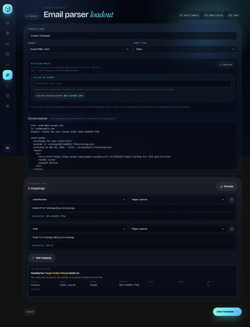 The email builder with an empty Filter by sender box, the Use the sample's sender button, the no-rules warning and the starter sample