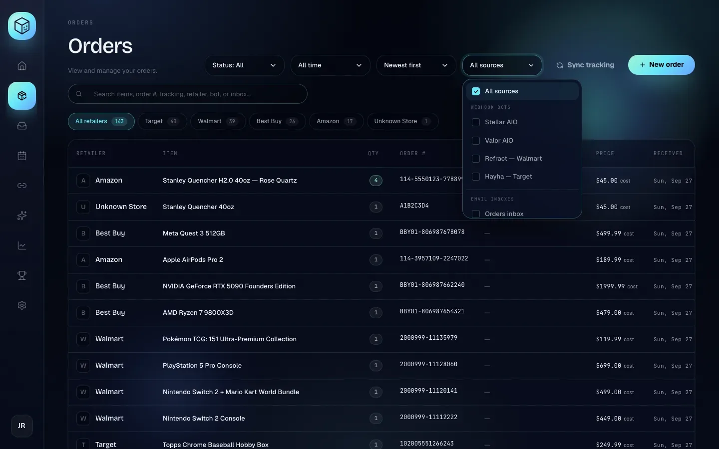 The source menu open, listing webhook bots and email inboxes with checkboxes