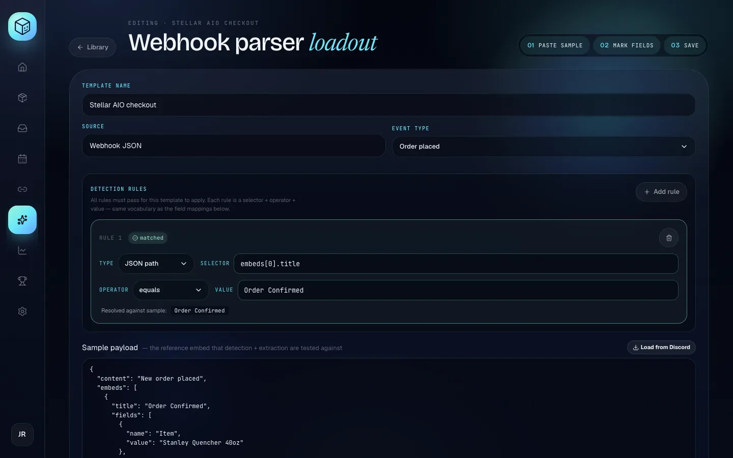 Editing the Stellar AIO checkout template: the source is fixed and Rule 1 matches the embed title