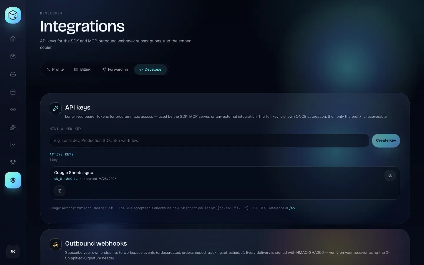 The Developer tab with API keys, Outbound webhooks and Embed Copier sections