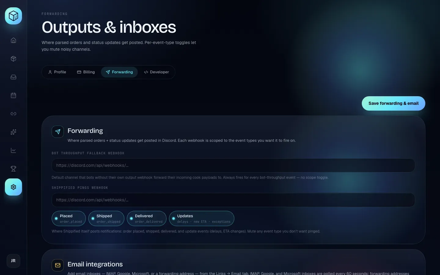 The Forwarding tab with the two Discord webhook fields, the event toggles, Default IMAP host and the Daily checkouts digest card