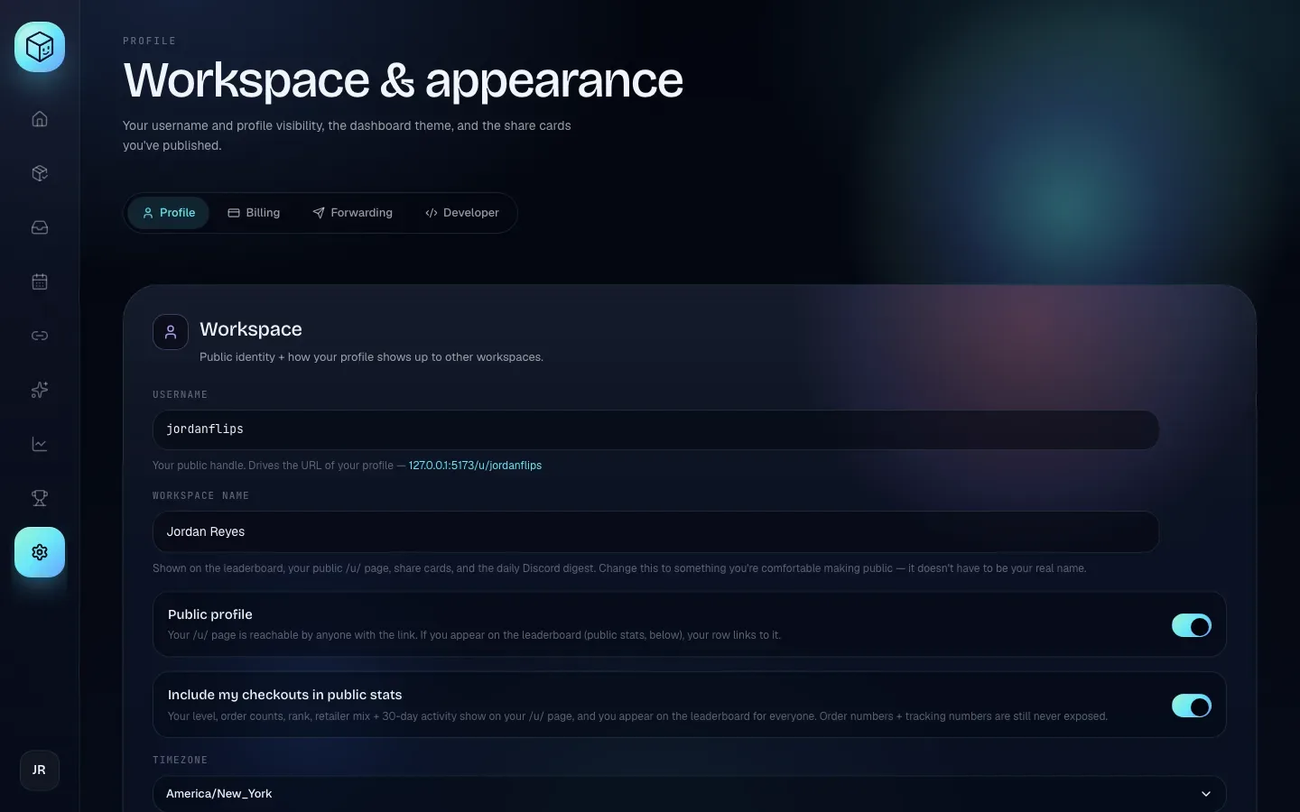 The Profile tab of Settings, with the Workspace section showing Username, Workspace name, the two visibility switches and Timezone