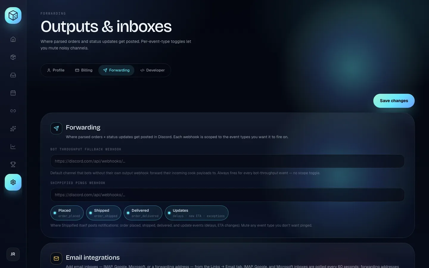 The Forwarding tab with the two Discord webhook fields, the event toggles, Default IMAP host and the Daily checkouts digest card