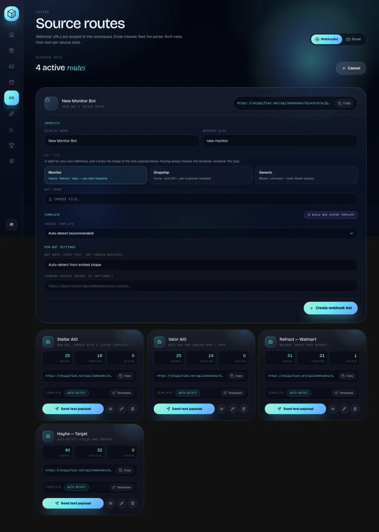 The full Webhooks tab with the new bot form open above the existing bot cards