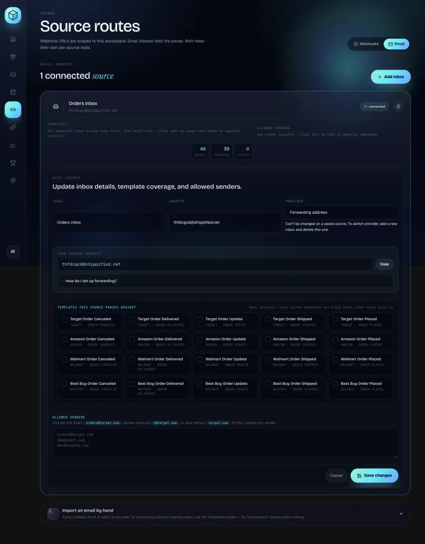 A forwarding source open for editing, showing Your inbound address with a Copy button and the How do I set up forwarding? panel