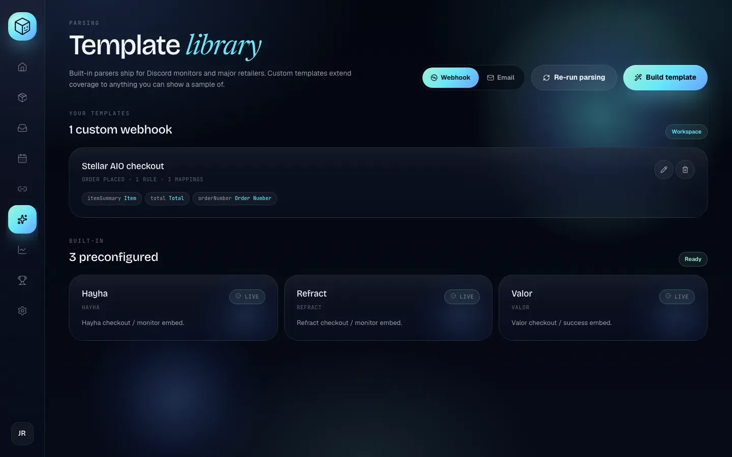 The Template library with a custom webhook template and three built-in templates