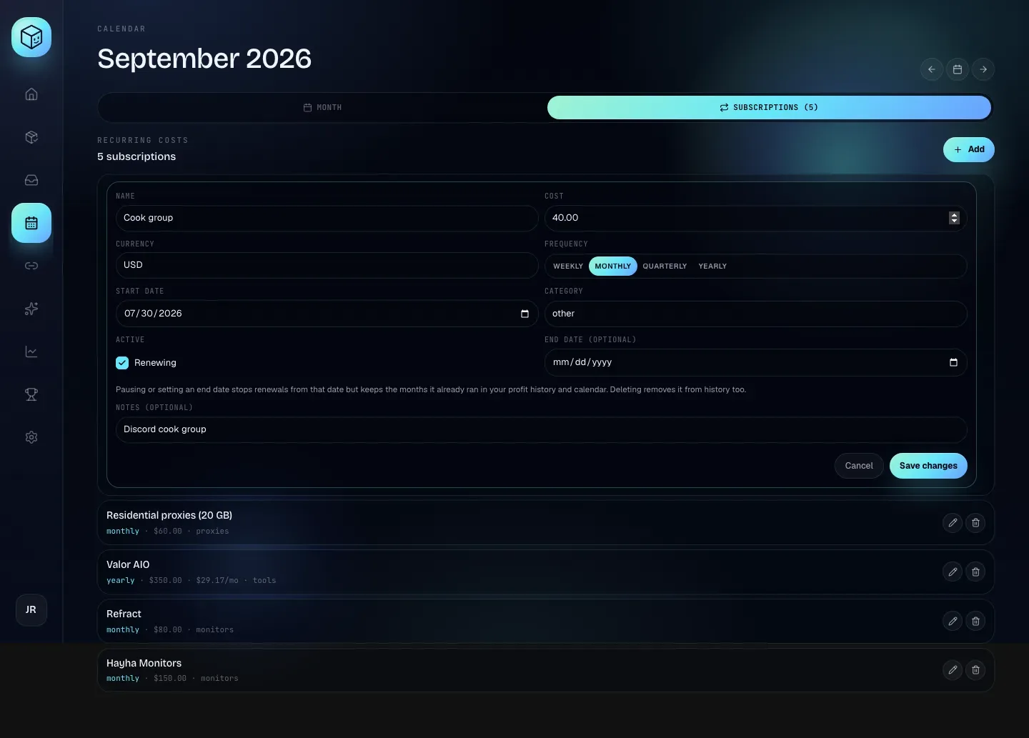 A subscription open for editing, with the Active and End date (optional) fields
