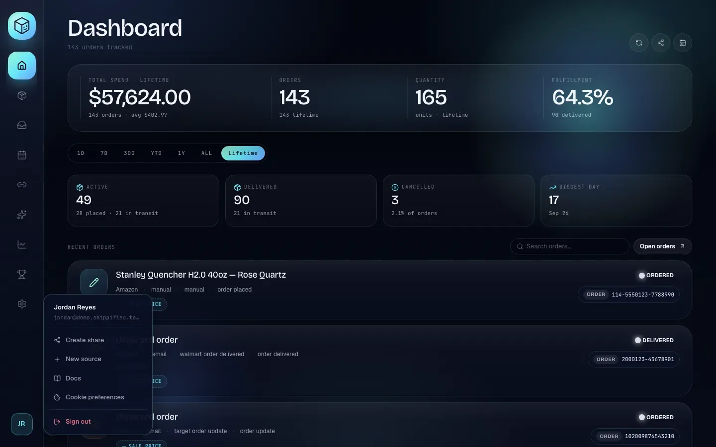 The Shippified dashboard with the sidebar on the left and the account menu open